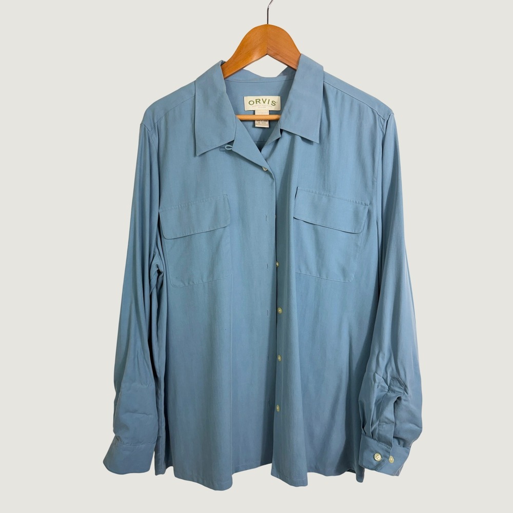 Orvis Shirt XL Blue Silk Button Down Utility Long Sleeve Classic Pockets
